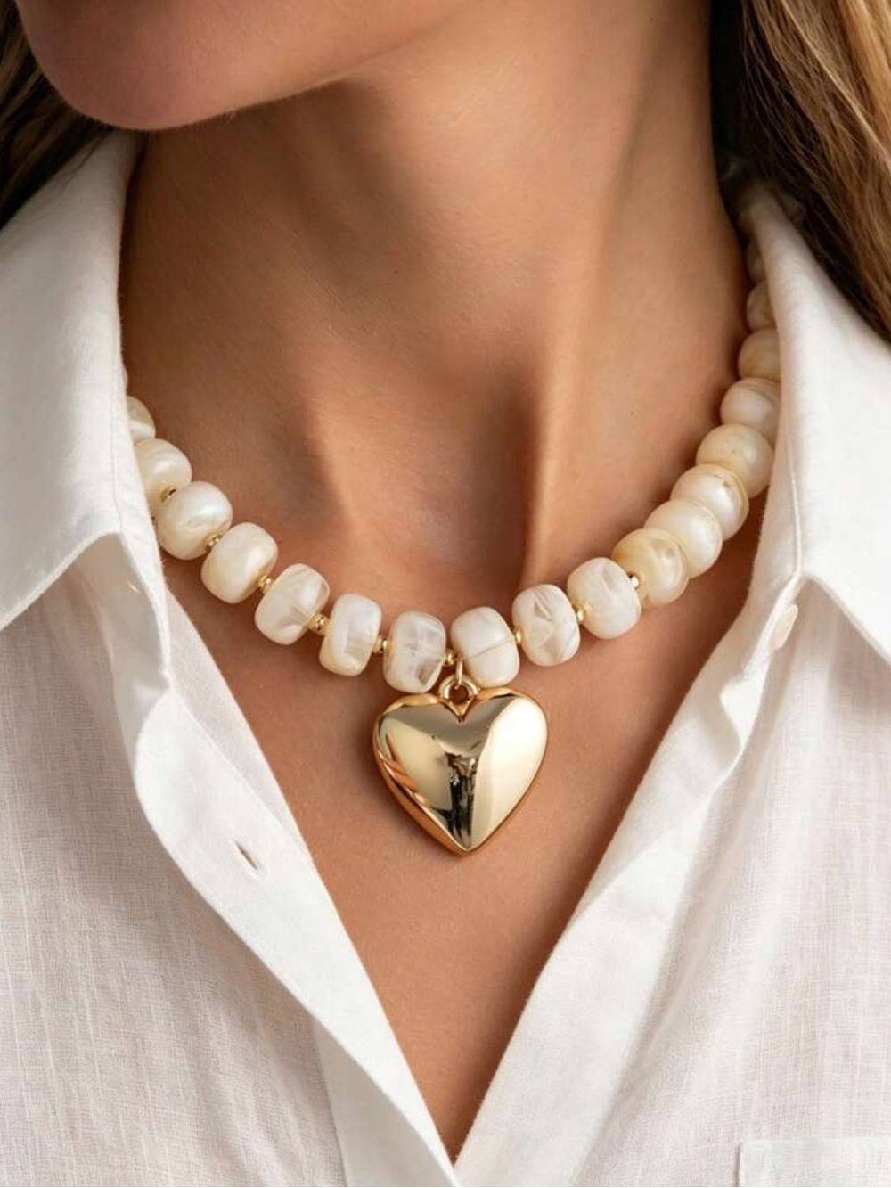 Gold Heart Pendant Necklace with Cream Pearl Beads